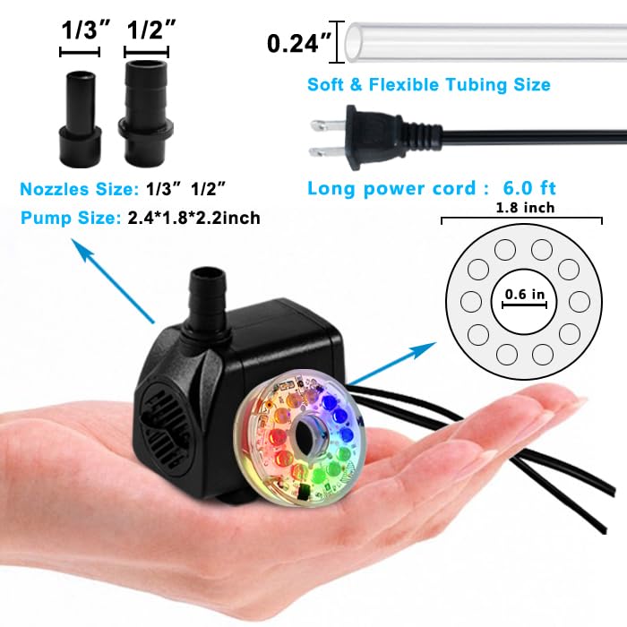 PULACO 160GPH Small Fountain Pump, 10Watt Submersible Pump with Automatic Color Changing LED Light and 3.3 ft Tubing for W...