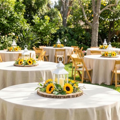 ZeahVeyora 6 Sets Plastic Wind Lantern Centerpieces Solar Hanging Lantern with Wood Slices LED Candles, Rustic Wedding Tab...