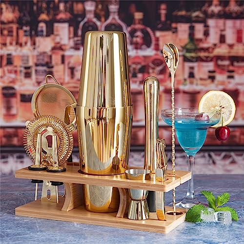 AUOXIOUYM 11-Pcs Cocktail Shaker Set Gold,Bartending Kit Stainless Steel Shakers 25oz Bar Kits for Bartender Mixing Set Ba...