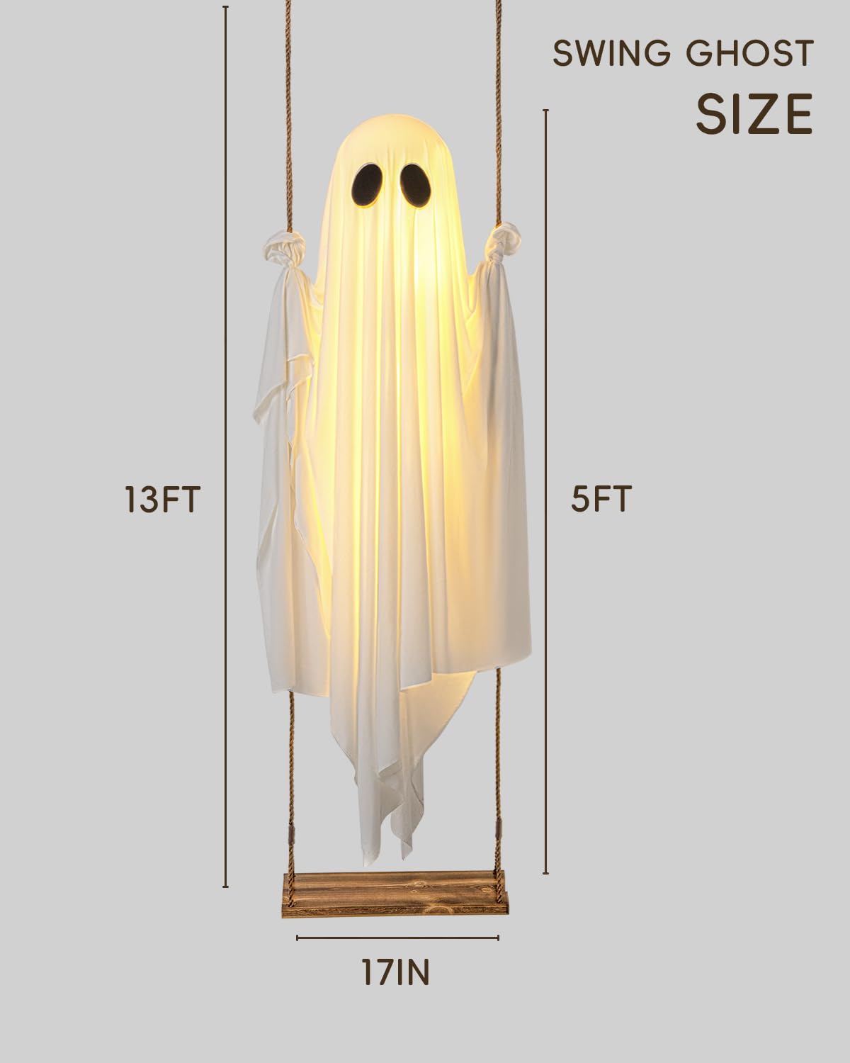Halloween Decorations Outdoor - 5 FT Large Hanging Swing Ghost Halloween Decor with String Lights - Spooky Cute Ghosts Decorations for Front Porch Yard Tree