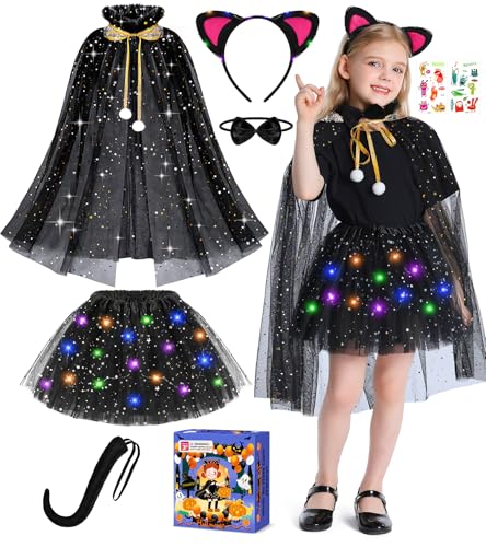 Teuevayl Black Cat Costume and Cape for Girls, 7 Pcs LED Light Up Kids Cat Halloween Costume for Girl Ages 3 4 5 6 7 8