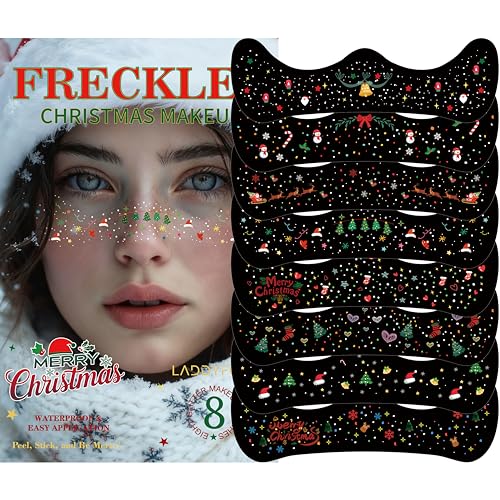 8 Pcs Christmas Face Temporary Tattoos, Ren Green and White Glitter Freckles Face Tattoo for Kids and Women, Waterproof Ch...