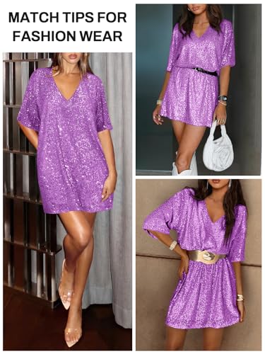 MIYIEONZ Women's Crew Neck Sequin Dress for Women Sexy V Neck Shirt Dress Sparkly Half Sleeve Loose Party Club Cocktail Dress