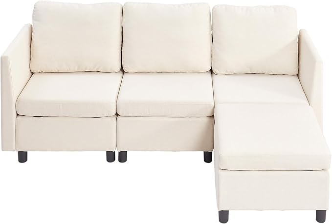 VEVOR Modular Sectional Sofa, 3-Seater Modular Sofa with Hidden Storage, Customizable Cloud Sectional Couch with Ottoman, Solid Wood Frame Upholstered Couch for Living Room, Bedroom, Beige