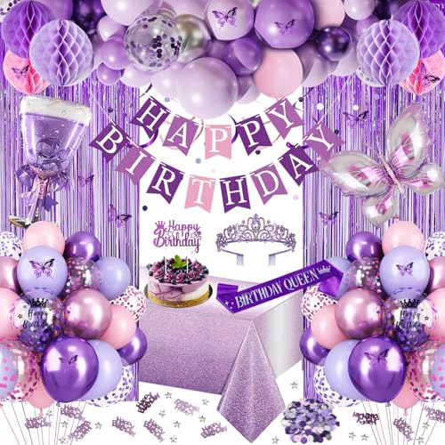 Purple Birthday Decorations, Purple Pink Party Decorations with Happy Birthday Banner, Balloons, Bday Sash, Crown, Butterf...