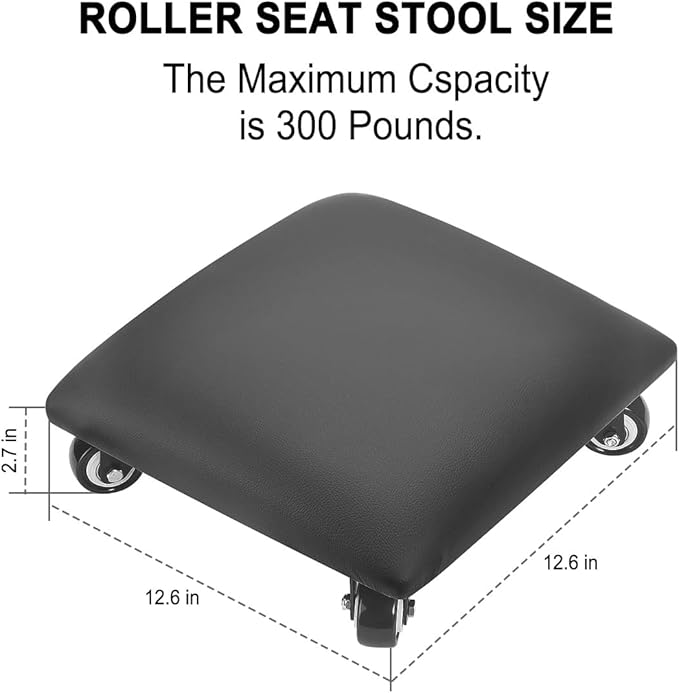 FLOLXNB Low Height Rolling Stool Low Roller Seat PU Leather Square Roller Seat Stool Low Rolling Chair for Home Office Fitness Garage (Black)