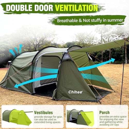 Chihee Camping Tents Tunnel Tent 4 Person Family Tents with 2 Doors Extra Large Weatherproof Shelter 4 Seasons Tents with ...