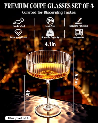 Evoio Martini Coupe Glasses Set of 4 | 10 oz Elegant Ribbed Vintage Cocktail Glasses, Premium Crystal Glass for Champagne,...