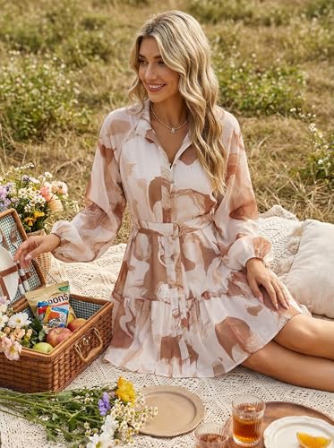 ZESICA Womens Floral Long Sleeve Mini Dress Spring Button Chiffon A Line Swing Short Wedding Guest Holiday Party Dresses