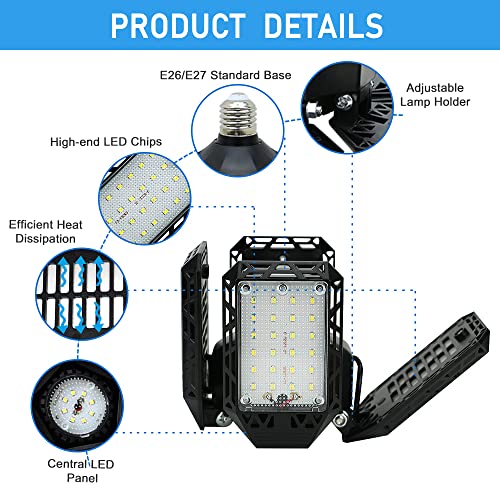 QiyuanLS LED Garage Light,150W Deformable Garage Ceiling Lights,15000LM, 4 Adjustable Panels, E26/E27 Shop Lights for Base...