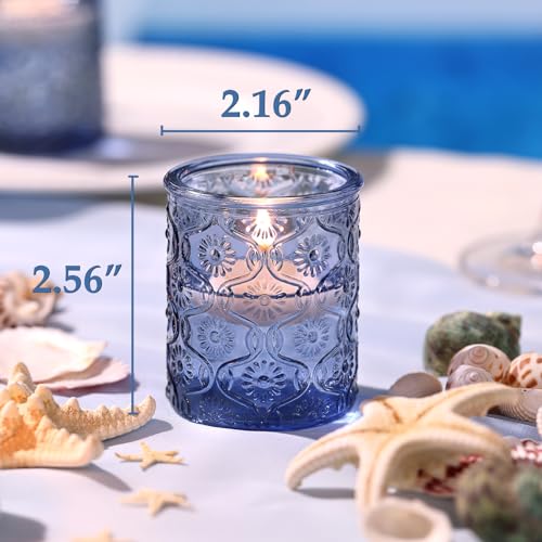 Volens 24pcs Blue Votive Candle Holders for Table Centerpiece, Vintage Flower Glass Tealight Candle Holders Bulk for Weddi...