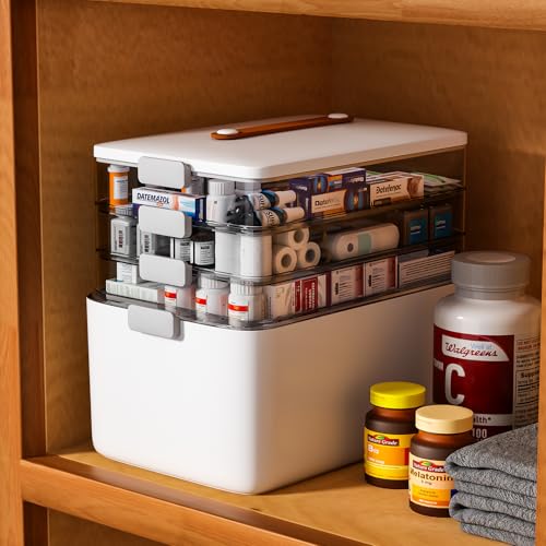 funest 4-Tier Medicine Storage Box Cabinet, Empty First Aid Kit Portable Medical Supply Organizer with Leather Handle for ...