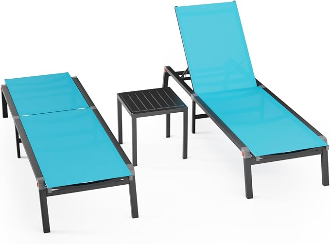 WOAJNQO Aluminum Patio Chaise Lounge Chair Set of 2 with Side Table,5-Position Adjustable Backrest,Foldable Lounge Chair Outdoor,Pool Lounge Chairs for Poolside,Lawn,Deck,Beach (Blue, 2 Pack+Table)