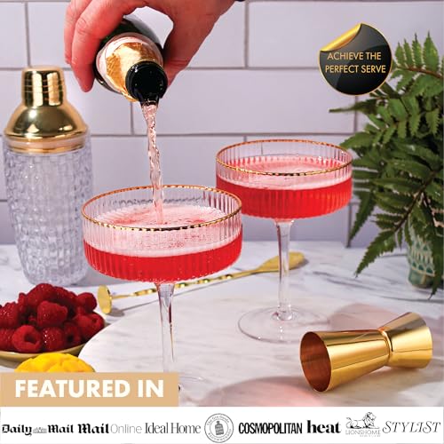 VEMACITY - Luxury Gold Cocktail Shaker Set - 15oz Glass Shaker with Strainer + 2 Gold-Rim Ribbed Martini Glasses (10oz) & ...