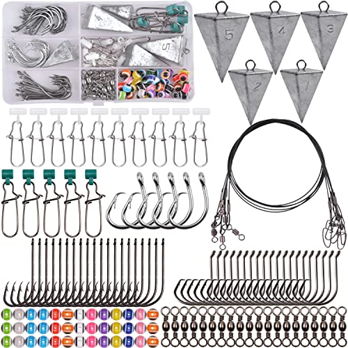 Surf Fishing Tackle Kit, 130pcs Saltwater Surf Fishing Rigs Fish Finder Rig Live Bait Rigs Include Fishing Leaders Pyramid...