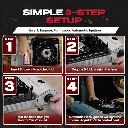 Chef Master 15,000 BTU Butane Portable Camp Stove | Double Wind-Guard Portable Stove Burner w/Piezo Click Ignition for Eme...