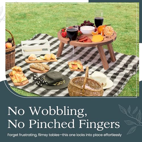 Portable Wine Picnic Table with 4 Wine Glasses Holder, Acacia Natural Wood Foldable Champagne Picnic Snack Table Tray, Per...