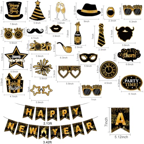 Happy New Years Banner Photo Booth Props 2026 Kits- New Years Decorations Party Suplies Decor Funny Cute Holiday Selfie Su...