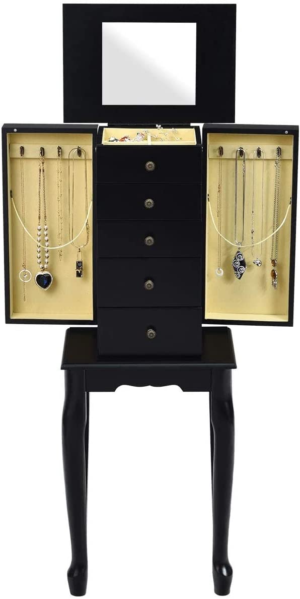 LDAILY LUARANE Jewelry Cabinet Armoire, Jewelry Storage Chest Organizer with 4 Drawers 8 Necklace Hooks Flip Top Mirror, Free Standing Jewelry Box Stand with 2 Side Swing Doors (Black)