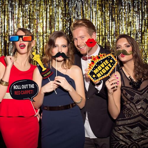 34pcs Hollywood Themed Movie Night Party Photo Booth Props, Hollywood Selfie Frame with Party Photo Props, Red Carpet Cuto...