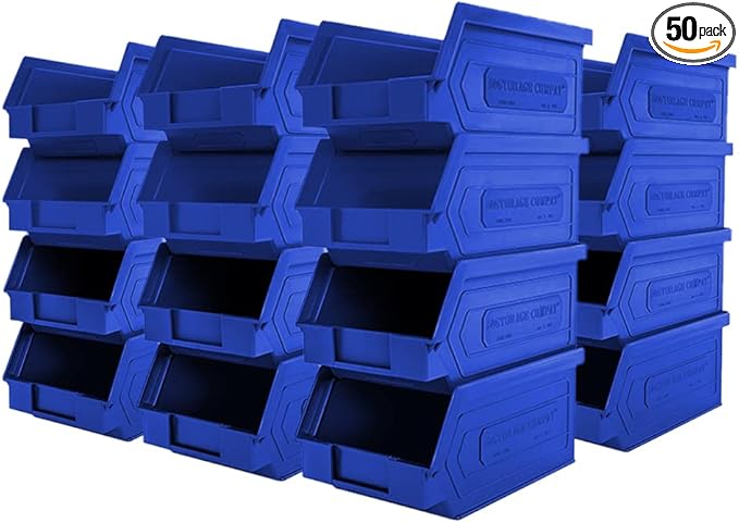 50 Pack Small Storage Bin, Wall Mount Storage, Hanging and Stacking Bin, Freestanding | 7” x 4” x 3” Plastic Container, Blue