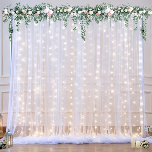 10ft x 10ft White Tulle Backdrop Curtain with Lights String for Parties Wedding Bridal Shower Sheer White Curtain Backdrop...