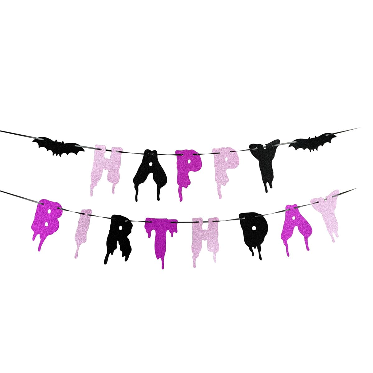 Happy Birthday & Halloween Banner - Pink, Purple, Glitter - Girl 1st Birthday Party Decorations with Spooky Bats