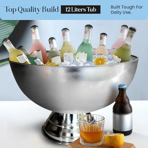 Premium 12L Large Ice Bucket for Parties – 16"x16"x10" Silver Stainless Steel Beverage Tub with Scoop – Insulated Ice Buck...