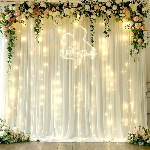 10x10ft Ivory White Chiffon Backdrop Curtain with Lights String for Wedding Sheer Tulle Curtain Photo Backdrops Drapes for...