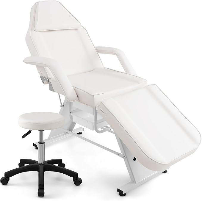 Giantex 72" Massage Bed with Hydraulic Stool, 3-Section Tattoo Chair with Adjustable Backrest, Legrest & Storage Boxes, Facial Chair for Professional Massage Lash Beauty Treatment Spa (White)