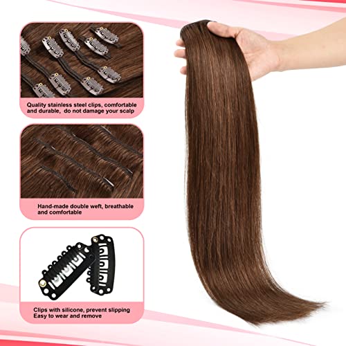 Remy Brown Clip in Hair Extensions Human Hair 120g 7Pcs Medium Brown Silky Straight Human Hair Clip in Hair Extension 22 Inch Human Hair Extensions Clip ins