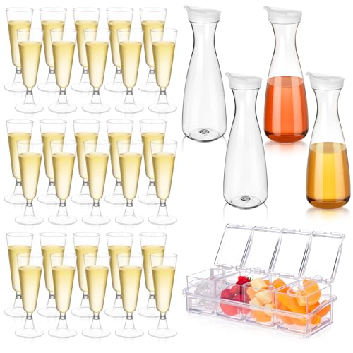 Potchen 65 Pcs Mimosa Bar Supplies Including Plastic Champagne Flutes, Water Carafe, Clear Condiment Server with Lid and S...