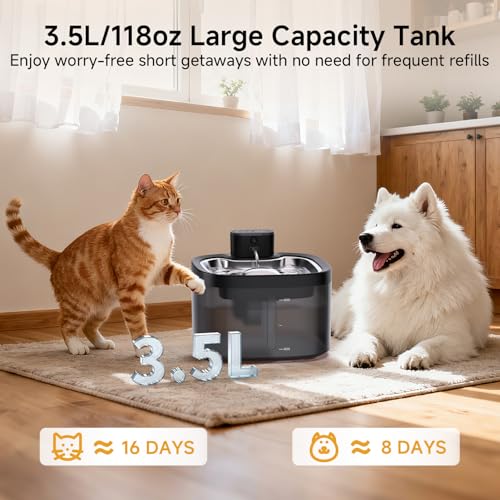 Wireless Cat Water Fountain with Stainless Steel Tray, 3.5L/118oz Rechargeable Battery Pet Water Dispenser, Ultra-Quiet In...