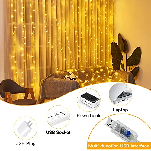 Ollny Curtain Lights 200 LED 6.6x6.6ft, Warm White Waterproof Fairy Lights Curtain for Bedroom Backdrop Wedding Party Deco...
