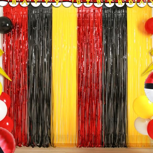 Cartoon Monster Birthday Party Decoration, 4 Pack Animation Themed Photo Booth Prop, Red Black Yellow Foil Fringe Curtains...