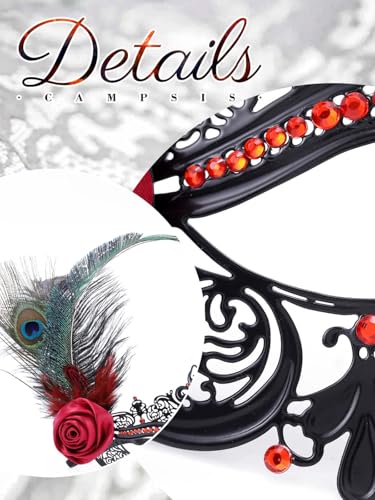 Campsis Feather Masquerade Mask Red Rhinestone Venetian Mask Flower Ball Masks for Women