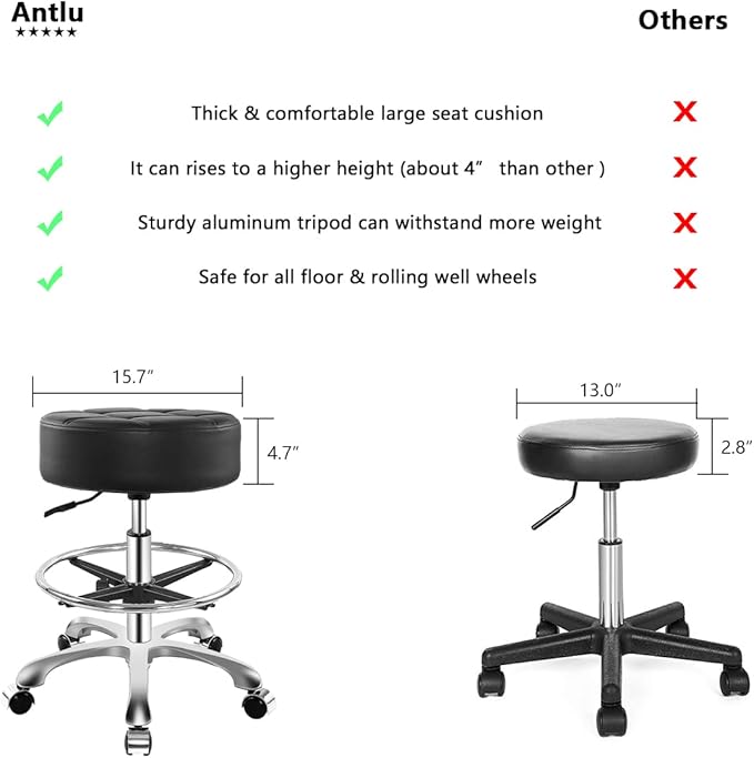 Ainilaily Rolling Stool for Shop Work Medical Tattoo Salon Lash,Heavy Duty Esthetician Hydraulic Chair Stool with Wheels (Black,with Foot Rest)