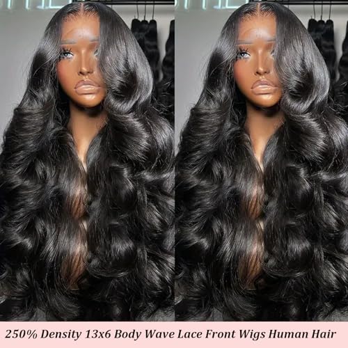 13x6 HD Frontal Wig 250 Density HD Lace Front Wigs Human Hair Pre Plucked with Baby Hair Brazilian Virgin Hair Glueless Body Wave Wig 22 Inch Transparent Lace Front Wigs Human Hair Natural Black