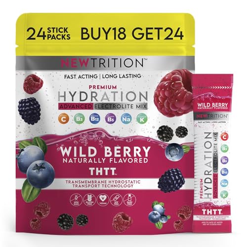 NewTrition Hydration Powder, Wild Berry Pack of 24 Electrolyte Powder Packets, Naturally Flavored Hydrating Packets for Wa...