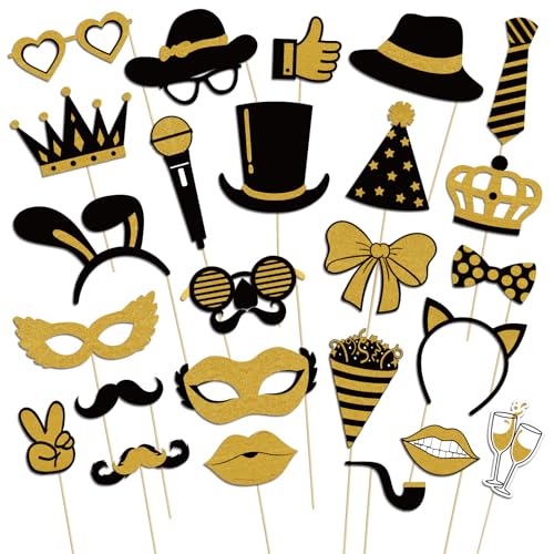 Photo Booth Props, Kaluofan 25PCS Black and Gold Party Decorations, Funny Photo Party Props Accessories for Adults and Kid...