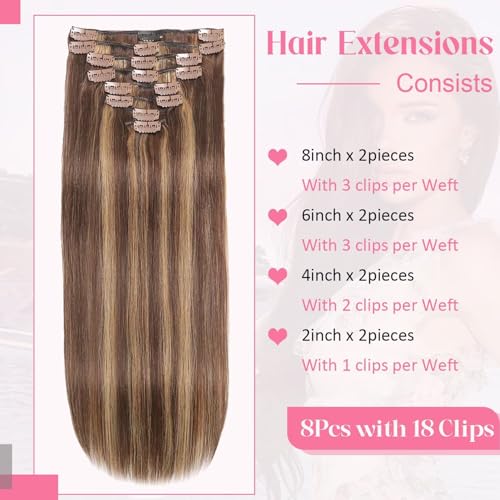 Clip in Hair Extensions Real Human Hair 3.9oz/110g Clip ins 100% Human Hair Extension for Women 8pcs Per Set with 18 Clips Double Weft (22 Inch #4/27 Chocolate Brown to Honey Blonde)
