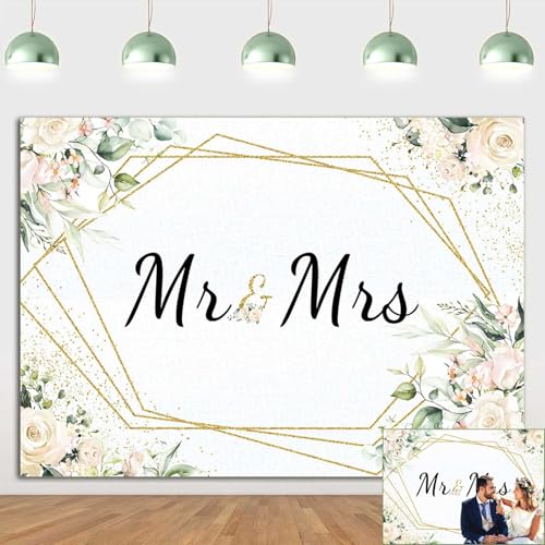 Mr & Mrs White Floral Bridal Shower Backdrop Mr Mrs Wedding Theme Photo Backgrounds 7x5ft Wedding Bride to Be Engagement P...