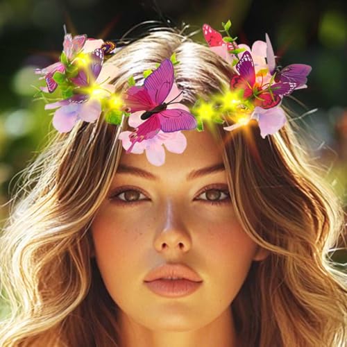 DRESBE Light Up Butterfly Flower Crown LED Floral Headband Glow Fairy Hair Accessories for Women (Purple)