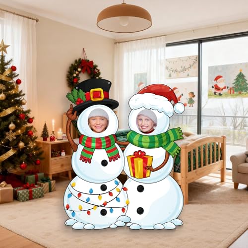 WovWeave Snowman Christmas Photo Booth Fabric Banner with Two Face Cutouts, 55" x 44" Holiday Party Decorations, Winter Ba...