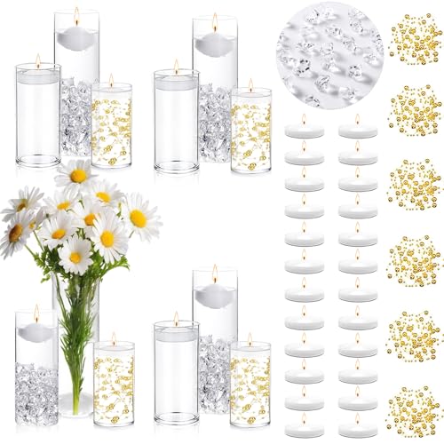 FFUW 24 Pcs Floating Candles 12 Glass Vases for Centerpieces with 400 Acrylic Fake Ice Cubes 6 Pearl String Vase Filler Fl...