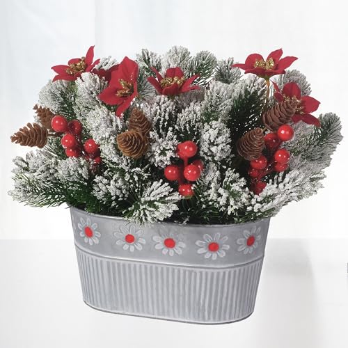 Christmas Centerpiece Table Decorations Artificial Norfolk Pine Branches with Poinsettia Flowers, Pine Cones & Berries in ...