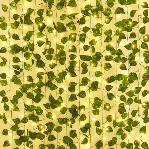 CEWOR 24 Pack 173ft Fake Ivy Vines, Artificial Ivy Garland with 200 LED String Lights, Hanging Plants Greenery Backdrop Gr...