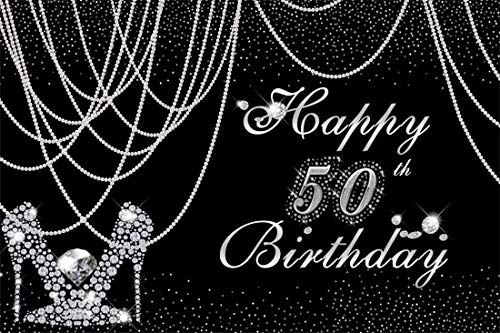 Women Happy 50th Birthday Black and Silver Backdrop for Photography 7x5ft Pearl Curtain Silver Diamond High Heels Sparkly ...