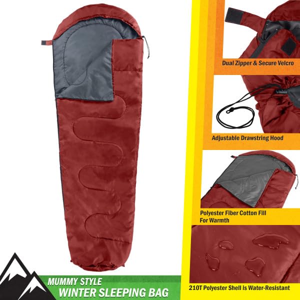 Mummy Sleeping Bag - Adult Cold Weather Sleeping Bag Rated to 25°F - Waterproof with Drawstring Hood - Camping Equipment b...