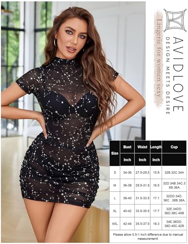 Avidlove Women's Mesh Dress Bodycon Mini Lingerie Dress Sexy Short Sleeve Mock Neck Ruched Party Clubwear Outfits S-XXL
